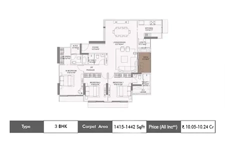 Adani Ten BKC 3 BHK floor plan, 1415 sq ft carpet area